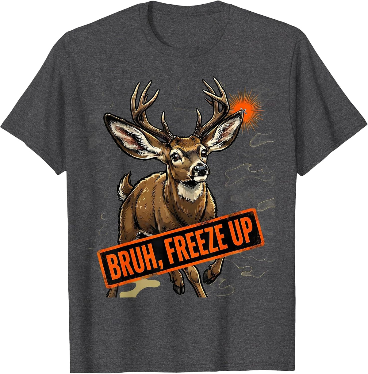 Bruh, Freeze Up Cartoon Deer Hunting Camo Youth Humor T-Shirt - Dark Heather Grey