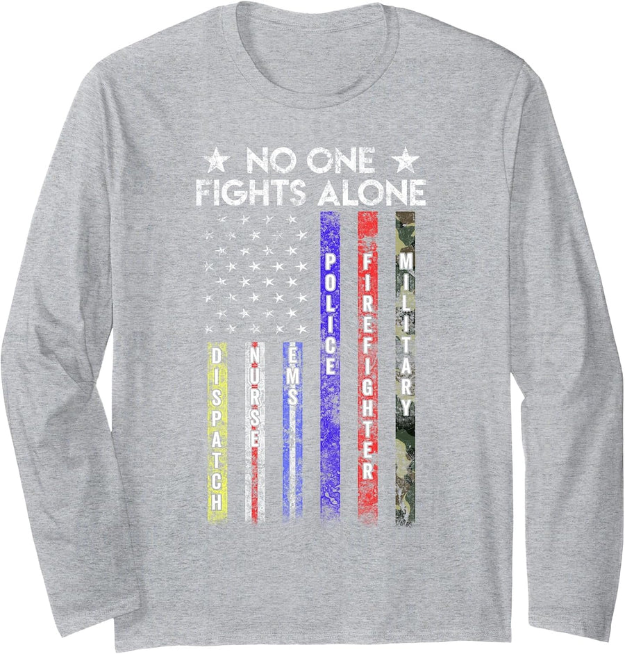 USA Flag Thin Line Military Police Nurse No-One Fight Alone Long Sleeve T-Shirt - Adult Unisex Heather Grey