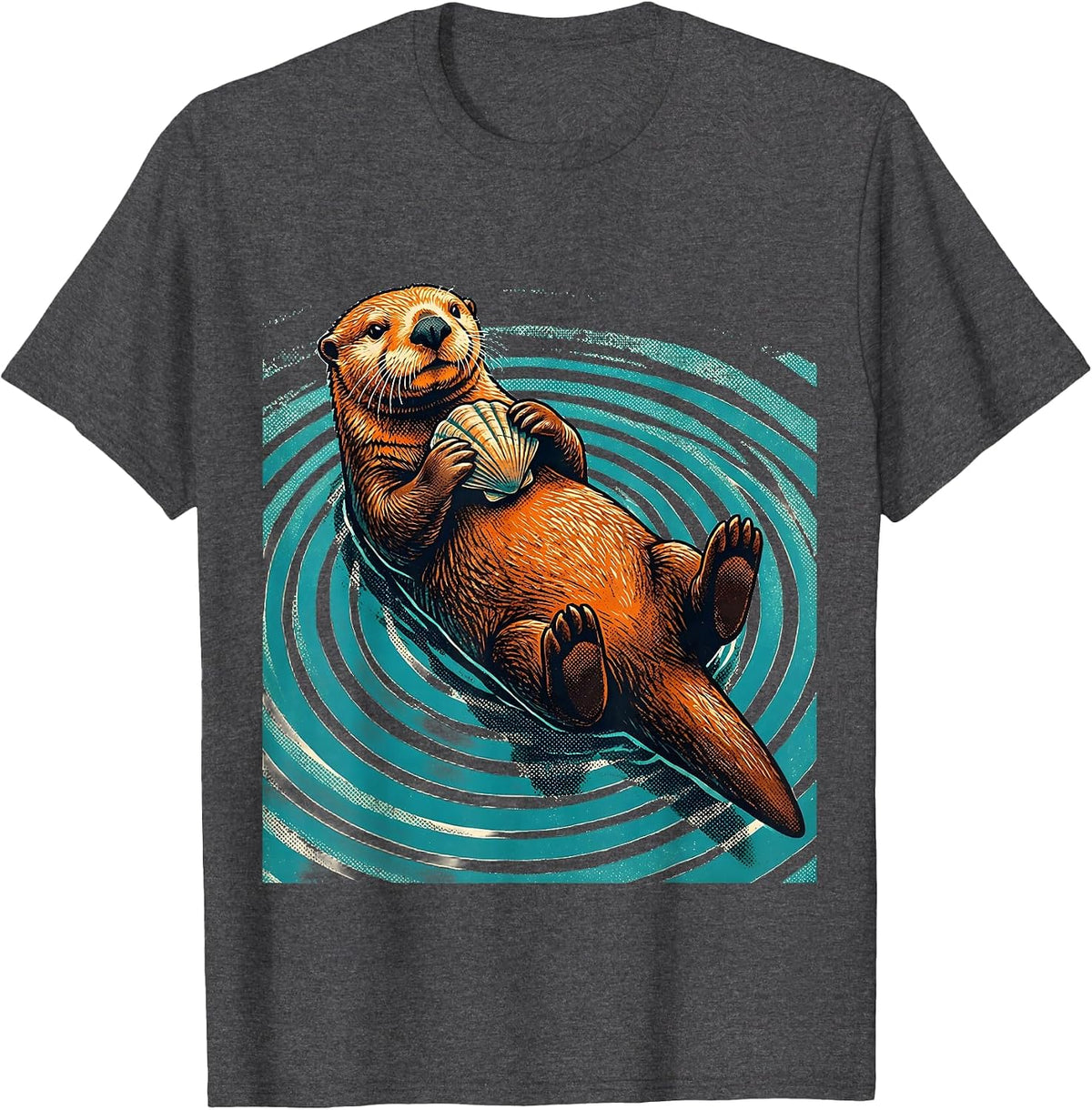 Men's Sea Otter Cracking Clam Graphic Design T-Shirt - Dark Heather Grey