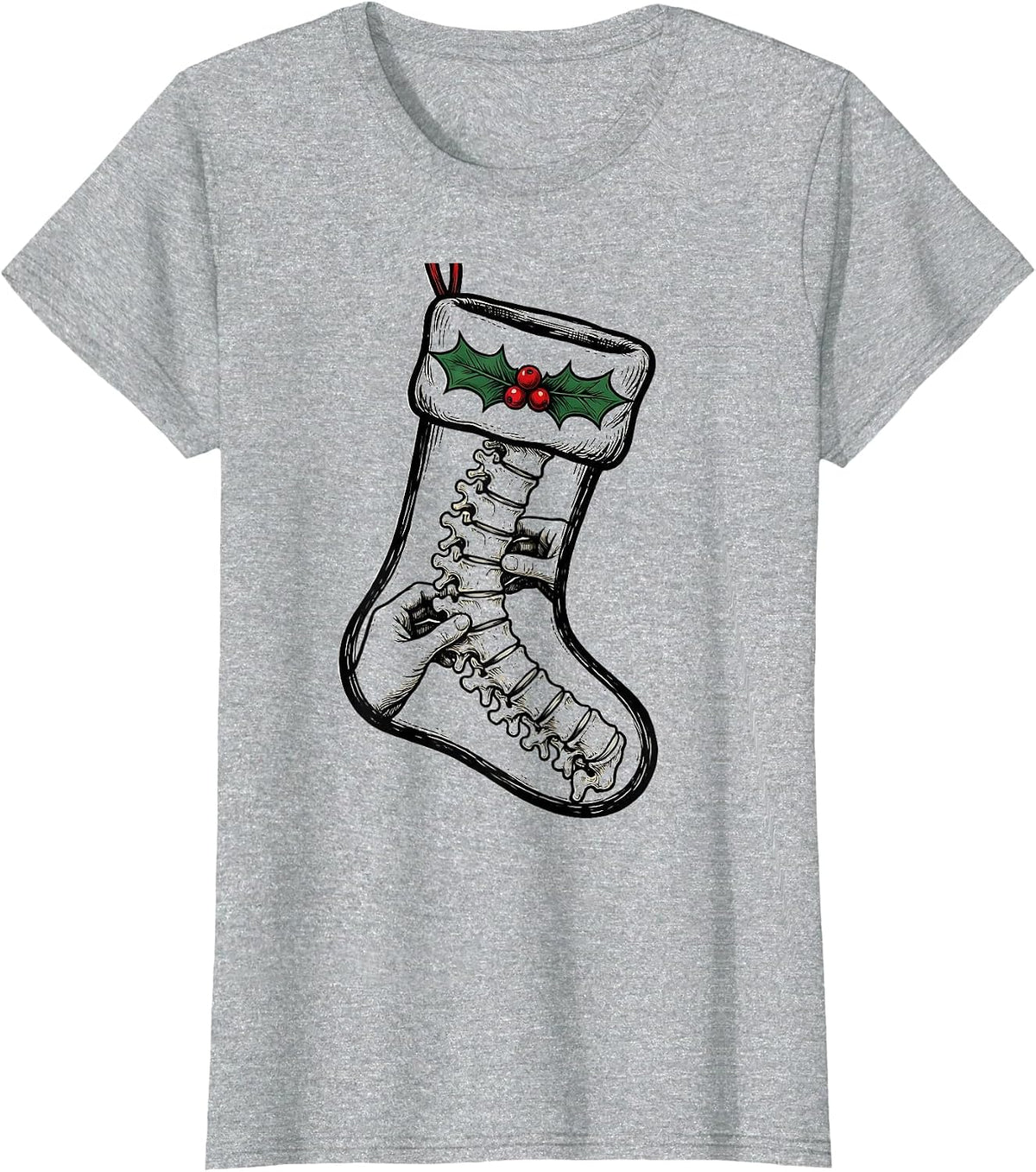 Women's Chiropractor Spine Christmas Stocking Holiday Humor T-Shirt - Heather Grey