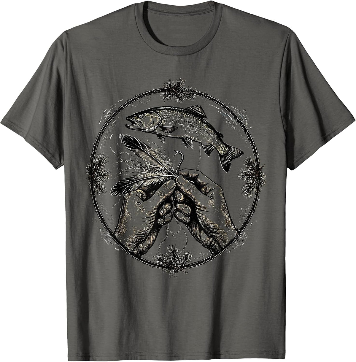 Fly Tying Weathered Hands Trout Fishing Illustration T-Shirt - Asphalt Grey