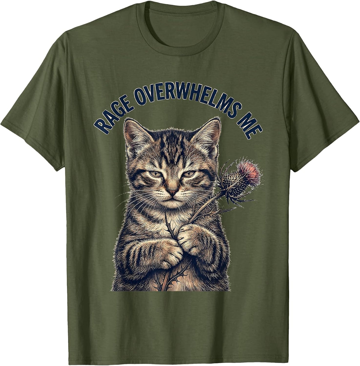 Rage Overwhelms Me Funny Silly Staring Cat Meme Kitten Humor T-Shirt - Olive Green