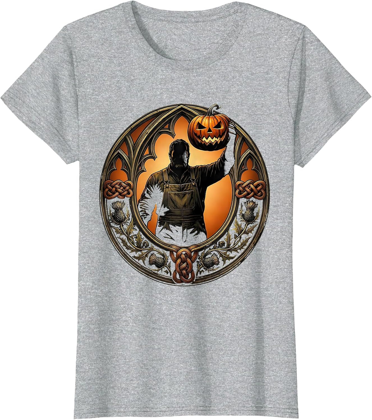 Women's Pumpkin Farmer Carved Lantern Halloween Graphic T-Shirt - Heather Grey