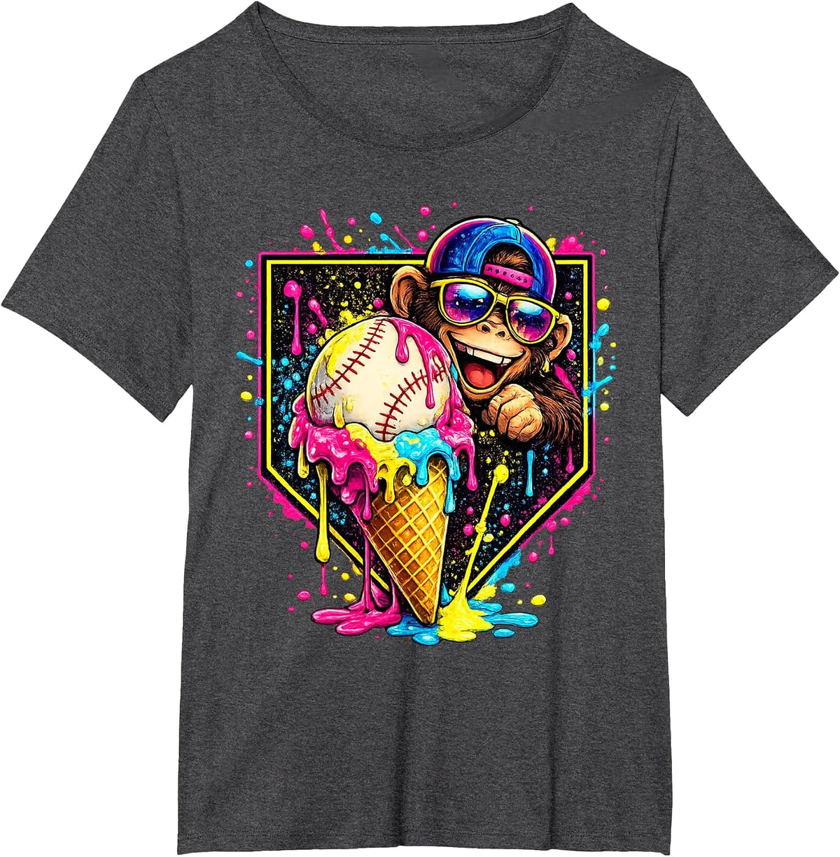 Monkey Funny Animals Baseball Ice Cream Drip Cool T-Shirt - Dark Heather Grey