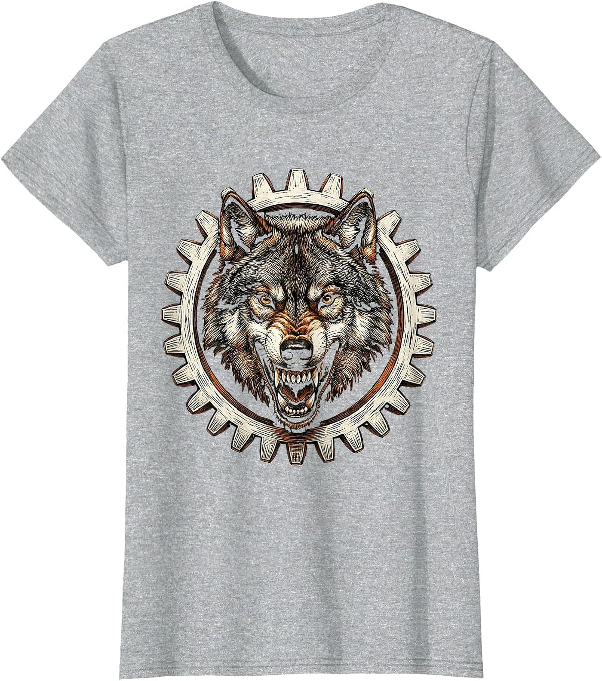 Women's Wolf Head Motorcycle Sprocket Gear Graphic T-Shirt - Heather Grey
