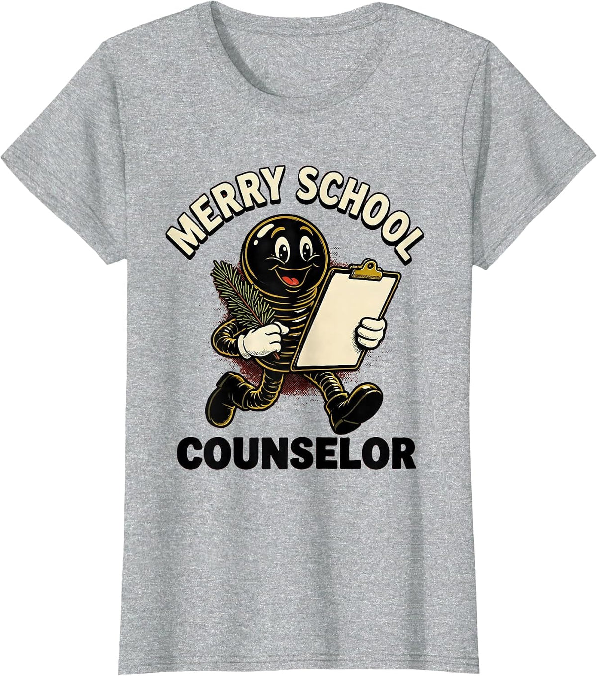 Women's Merry School Counselor Retro Cartoon Christmas Nice List T-Shirt - Heather Grey