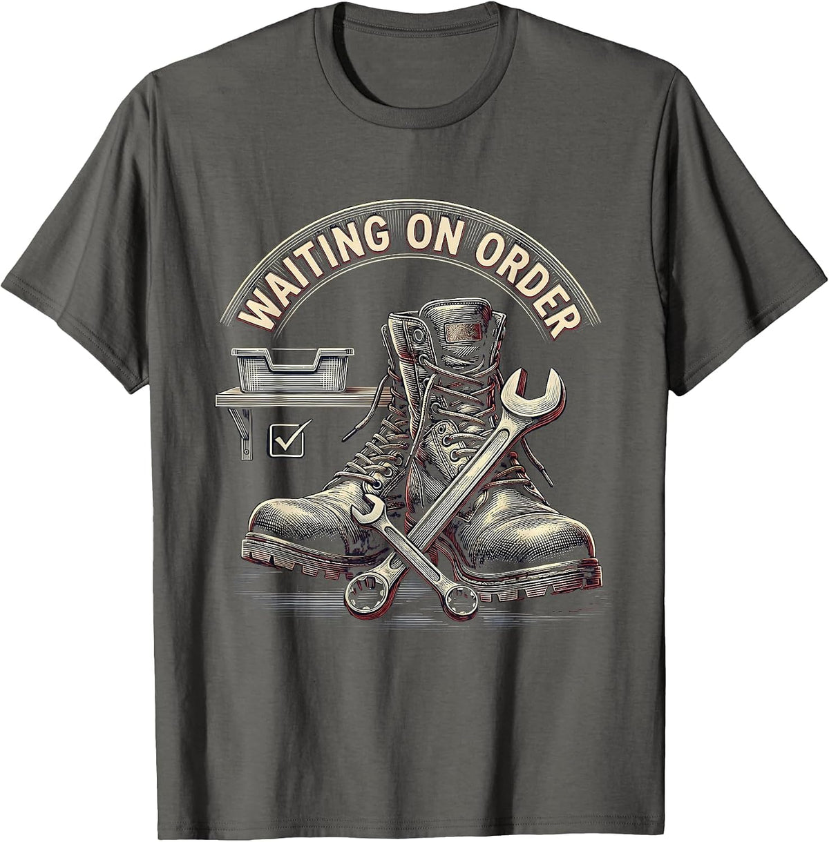 Waiting On Order Crosshatch Etching Auto Mechanic Auto T-Shirt - Asphalt Grey
