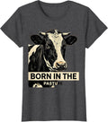 Women's Born in the Pasture Cow Print Design T-Shirt - Dark Heather Grey