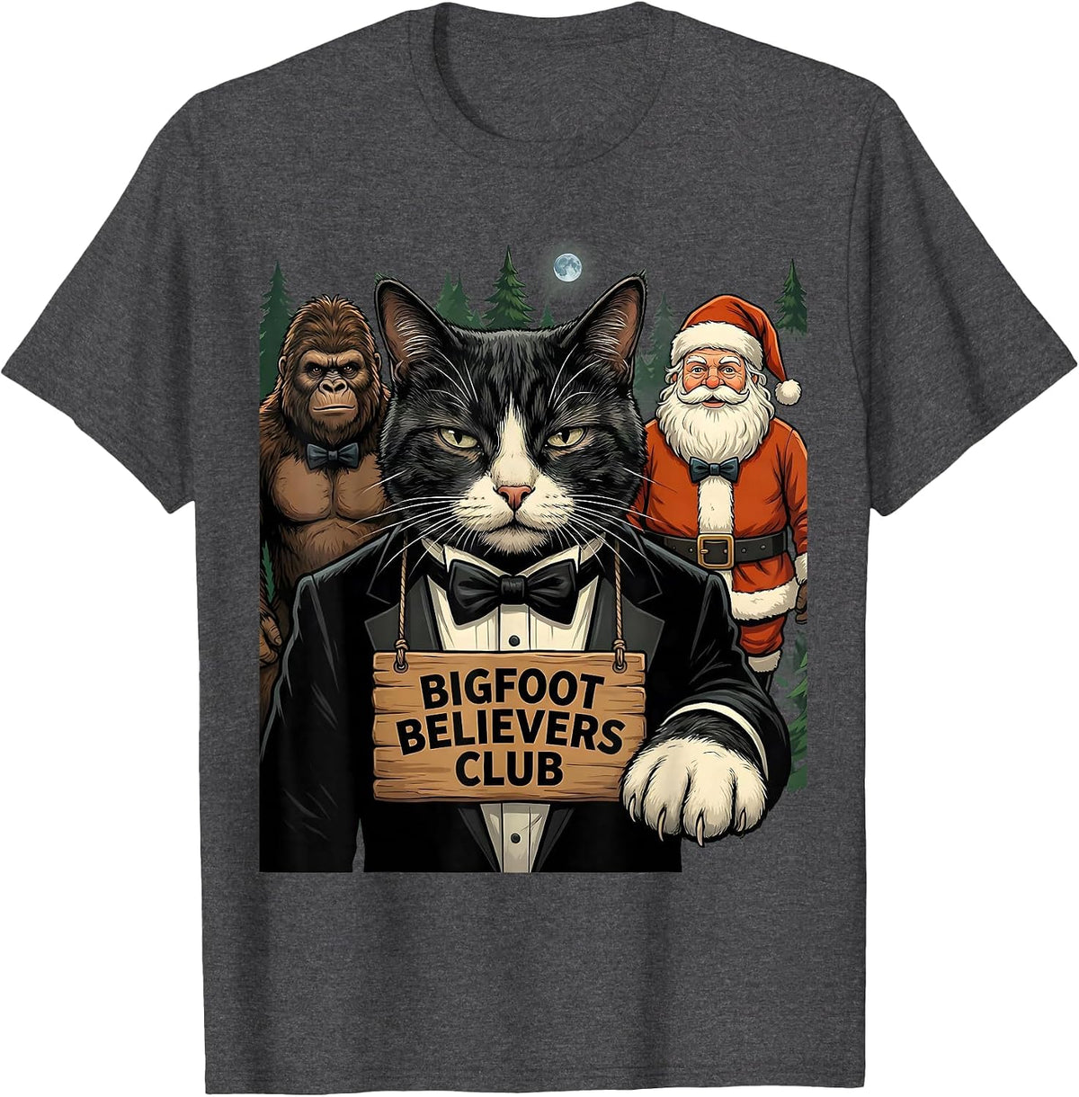 Bigfoot Believers Club Funny Cat Selfie Christmas Sasquatch T-Shirt - Dark Heather Grey