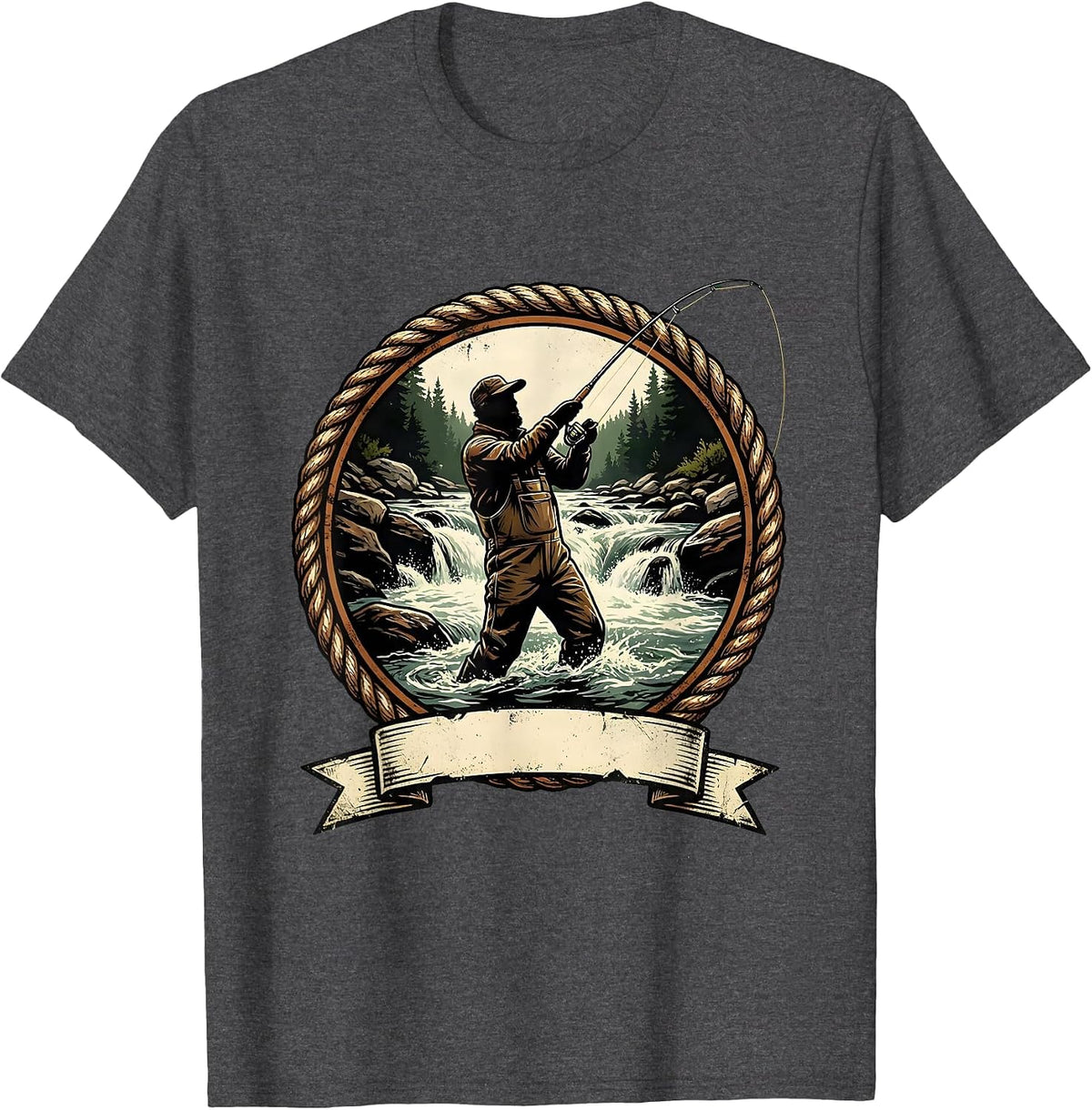 Fly Fishing Waders River Rapids Fisherman Graphic T-Shirt - Dark Heather Grey