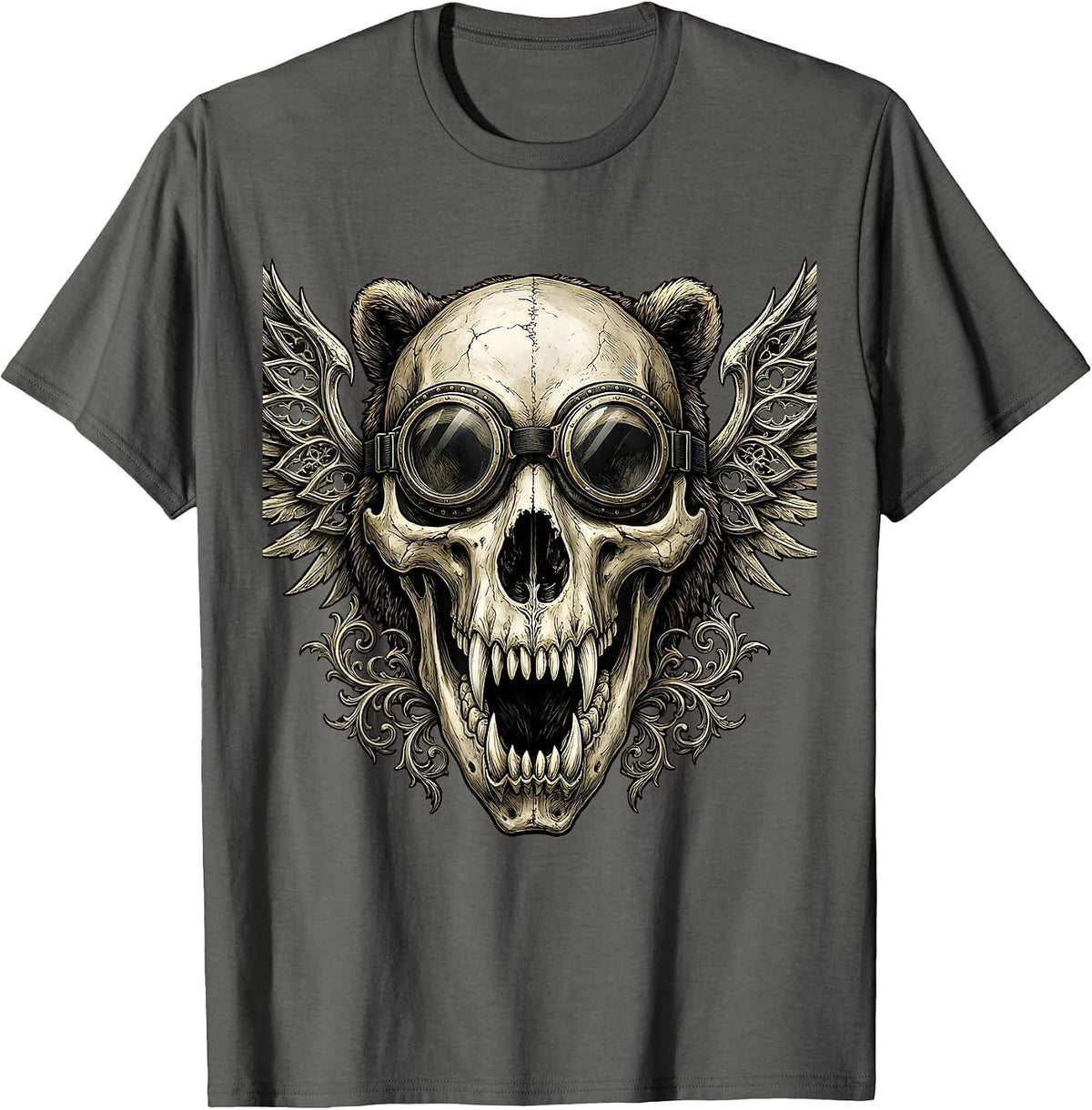 Men's Bear Skull Motorcycle Goggles Biker Graphic T-Shirt - Asphalt Grey