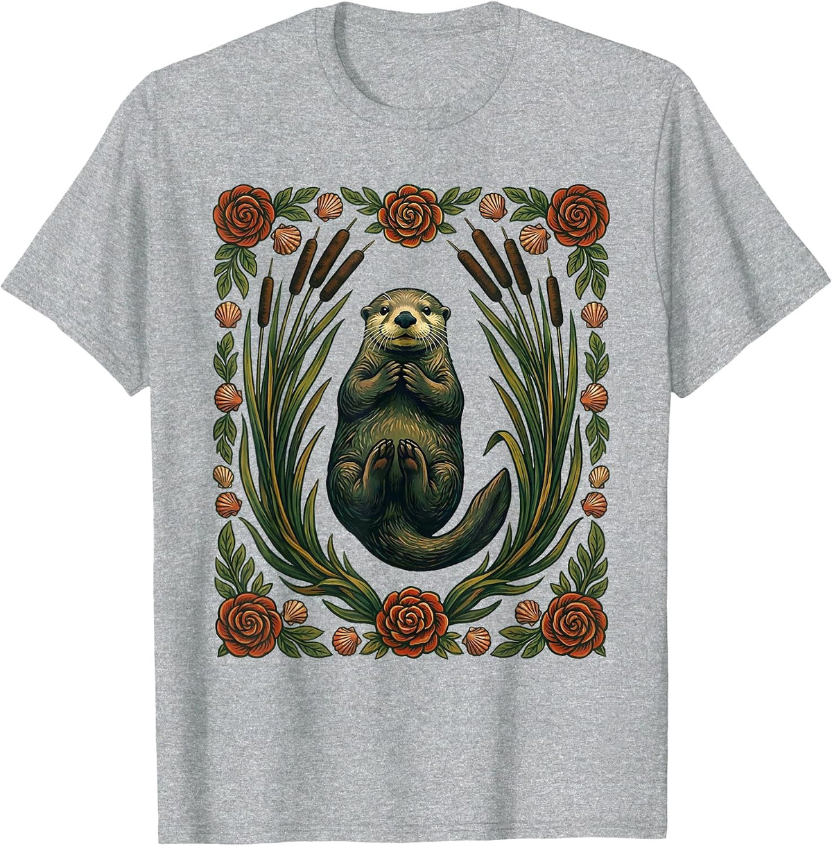 Men's Sea Otter Folk Art Floral Otter Lover Gift T-Shirt - Heather Grey