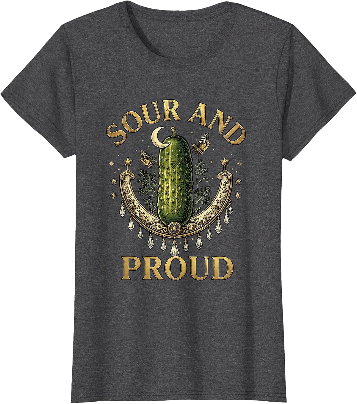 Women's Sour and Proud Funny Pickle Graphic Design T-Shirt - Dark Heather Grey