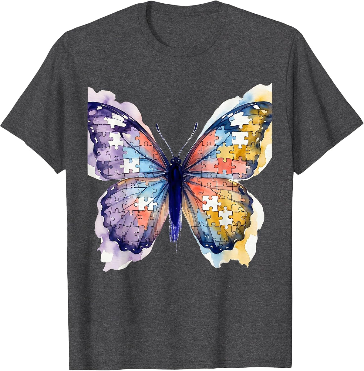 Colorful Puzzle Piece Butterfly Autism Awareness T-Shirt - Dark Heather Grey