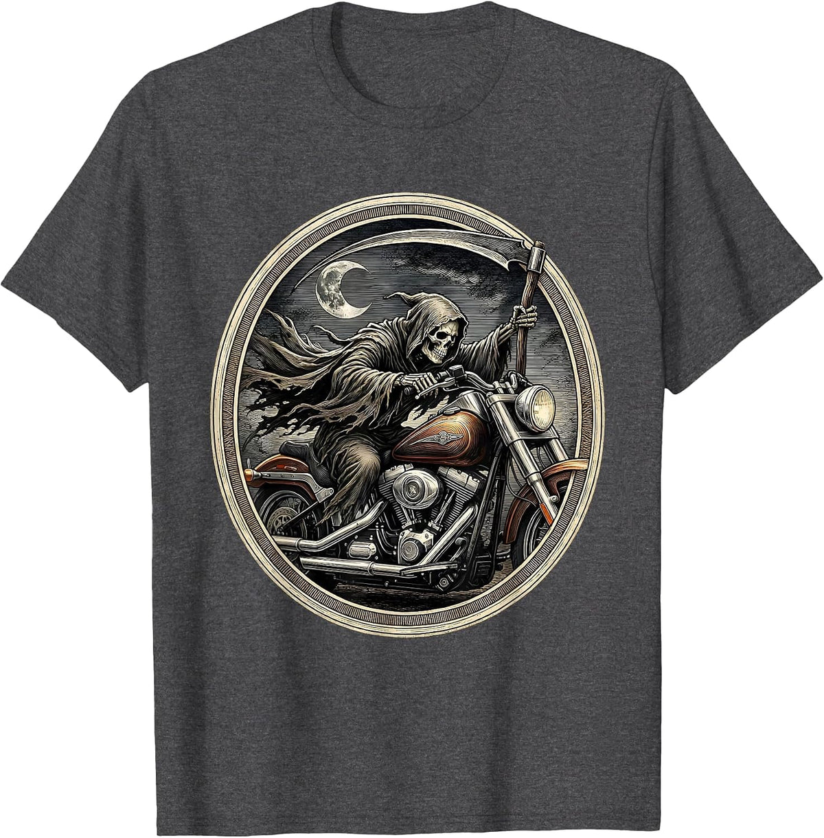 Men's Grim Reaper Motorcycle Night Rider Halloween T-Shirt - Dark Heather Grey