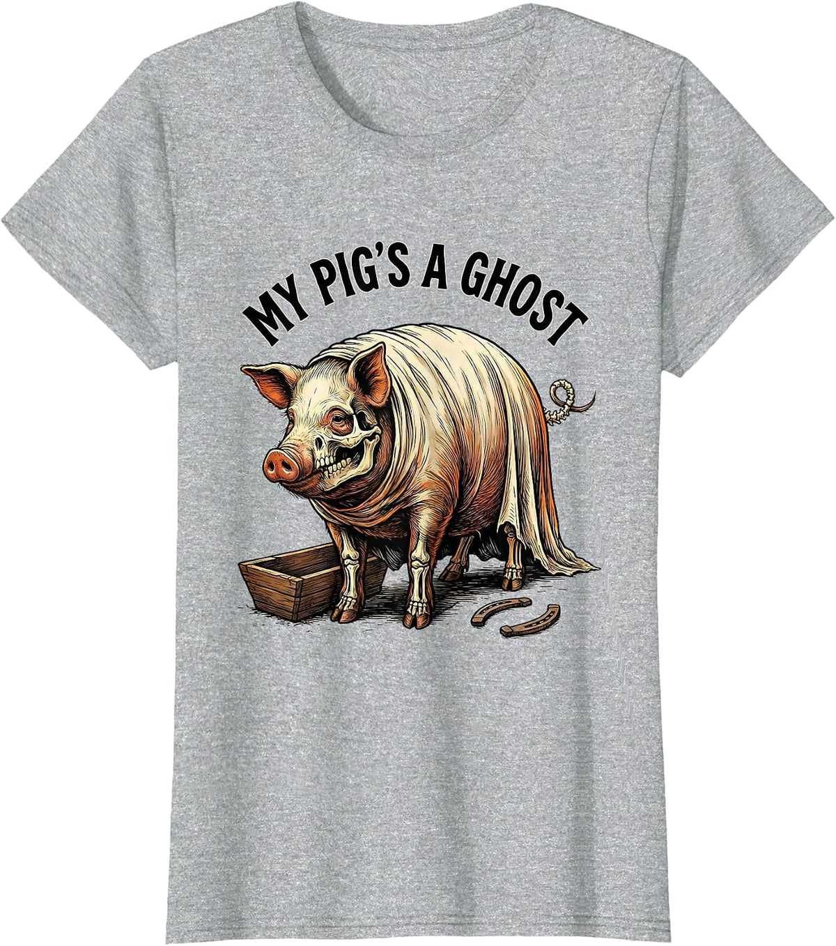 Women's My Pig's a Ghost Western Cowboy Skeleton Halloween Humor T-Shirt - Heather Grey