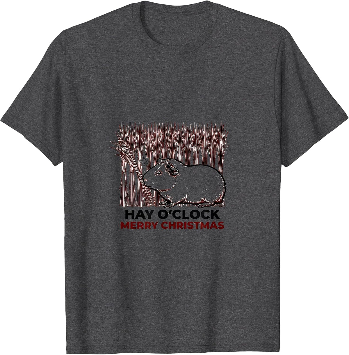 Hay O'Clock Merry Christmas Line Art Guinea Pig Pet Lover T-Shirt - Dark Heather Grey