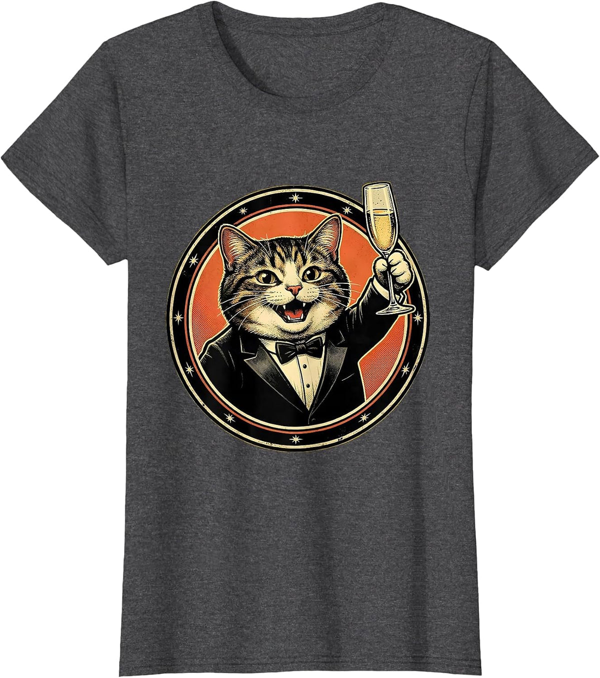 Women's Fancy Cat in Tuxedo with Champagne Glass T-Shirt - Dark Heather Grey