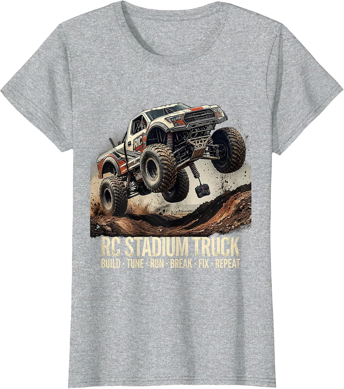 Women's RC Stadium Truck Build Tune Run Break Fix Repeat Distressed T-Shirt - Heather Grey