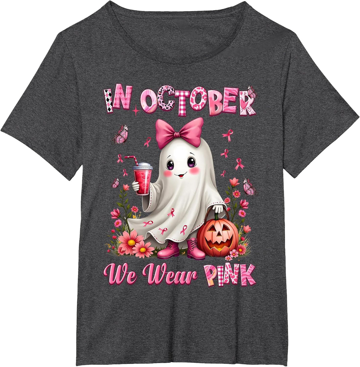 in October We Wear Pink Ghost Breast Cancer Awareness T-Shirt - Dark Heather Grey