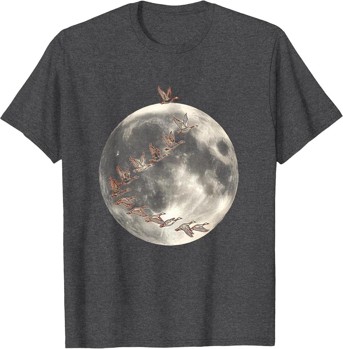 Full Moon Geese V-Formation Fall Nature Design T-Shirt - Dark Heather Grey