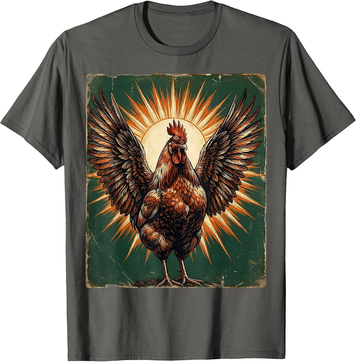 Hen Wings Spread Sun Chicken Art Design T-Shirt - Asphalt Grey