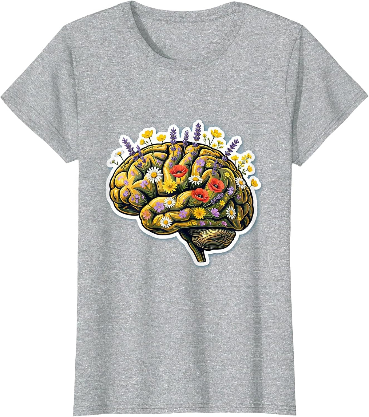 Autism Awareness Wildflower Brain Illustration T-Shirt - Heather Grey