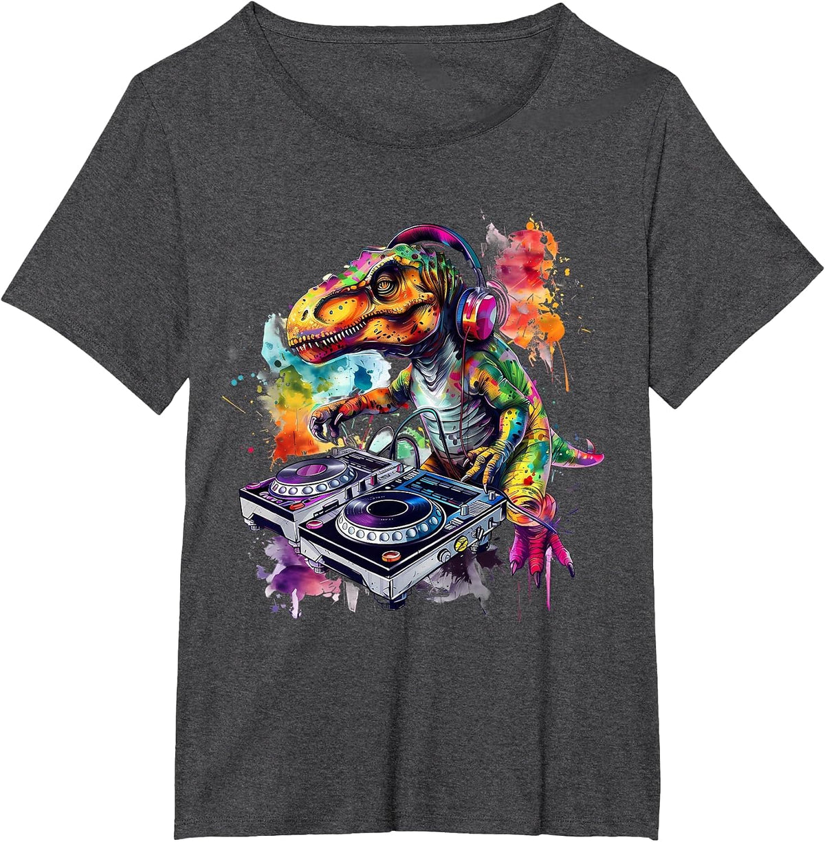 DJ Dinosaur Techno Artwork Turntable DJ Dinosaur Beatmaker T-Shirt - Dark Heather Grey