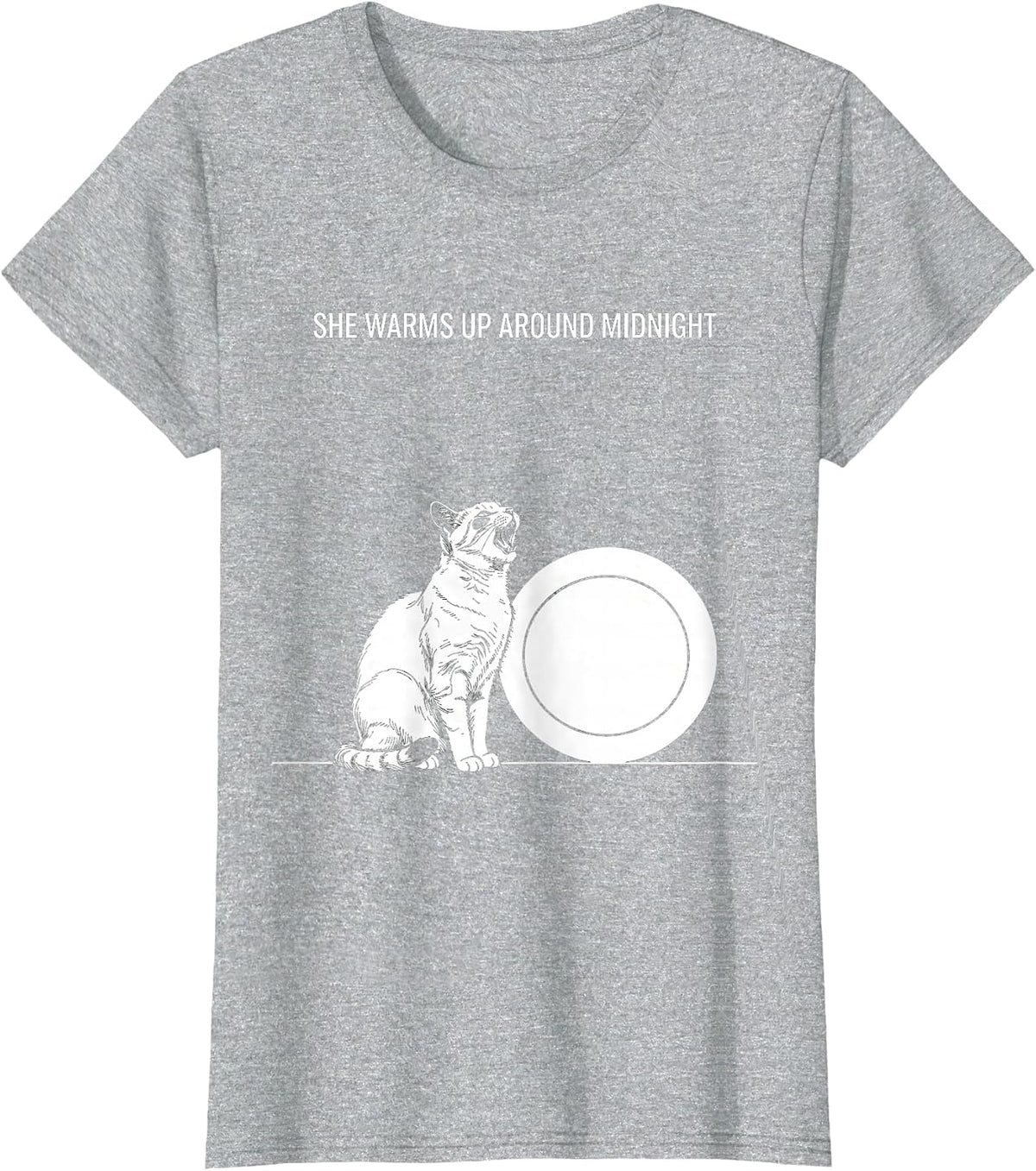Women's She Warms Up Around Midnight Line Art Cat Howling at Moon T-Shirt - Heather Grey