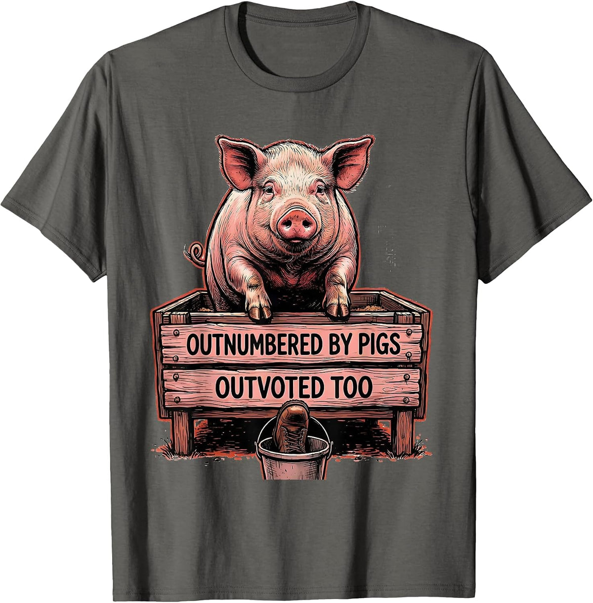 Outnumbered By Pigs Outvoted Too Funny Pig Lover Farm Animal T-Shirt - Asphalt Grey