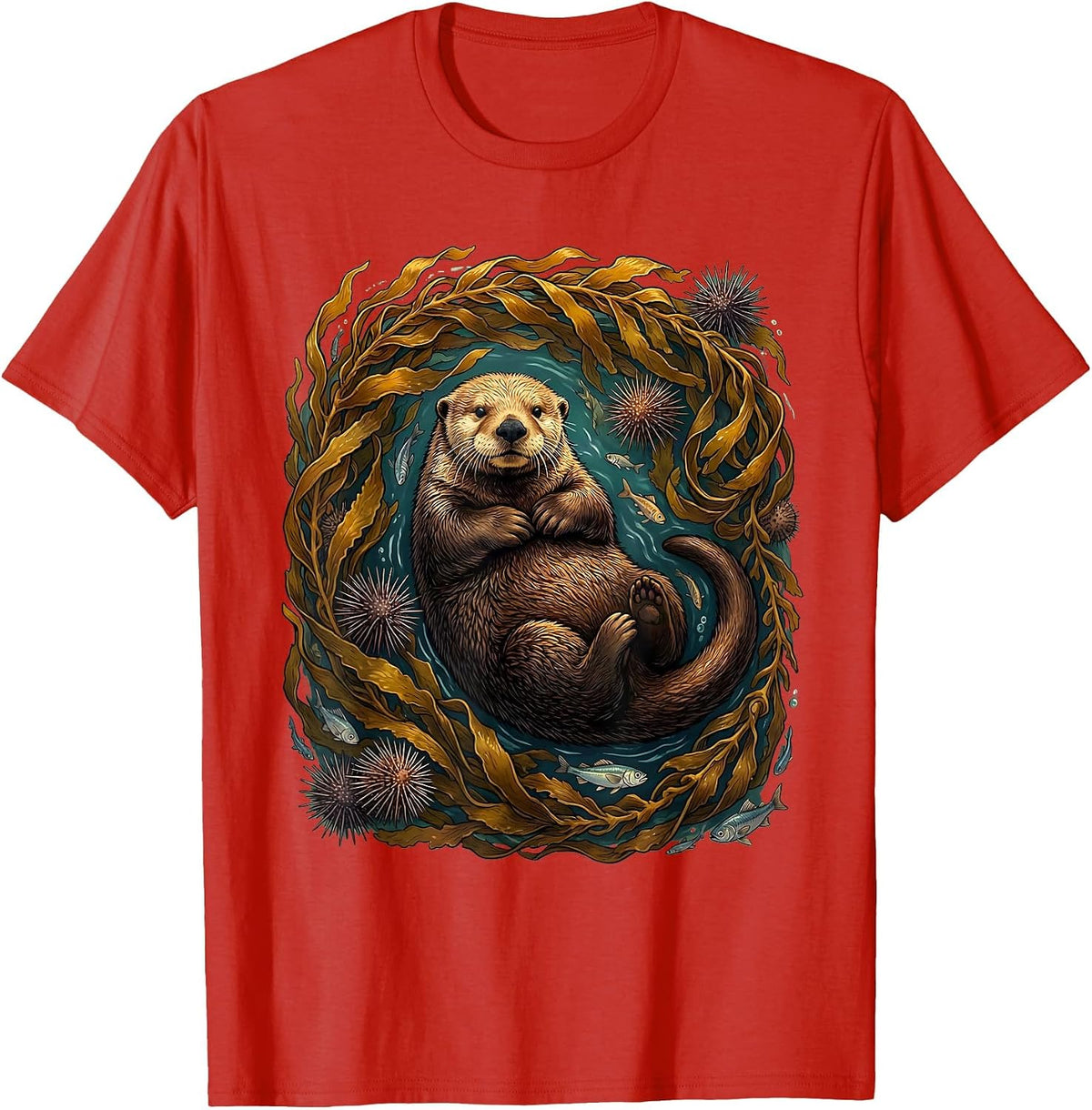 Men's Sea Otter Swirling Kelp Forest Illustration T-Shirt - Red