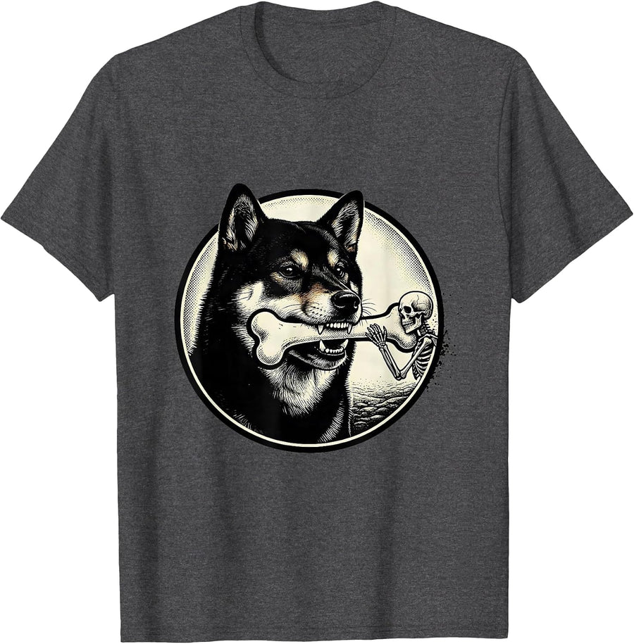 Men's Shiba Inu Skeleton Chase Funny Dog Mom Halloween Humor T-Shirt - Dark Heather Grey