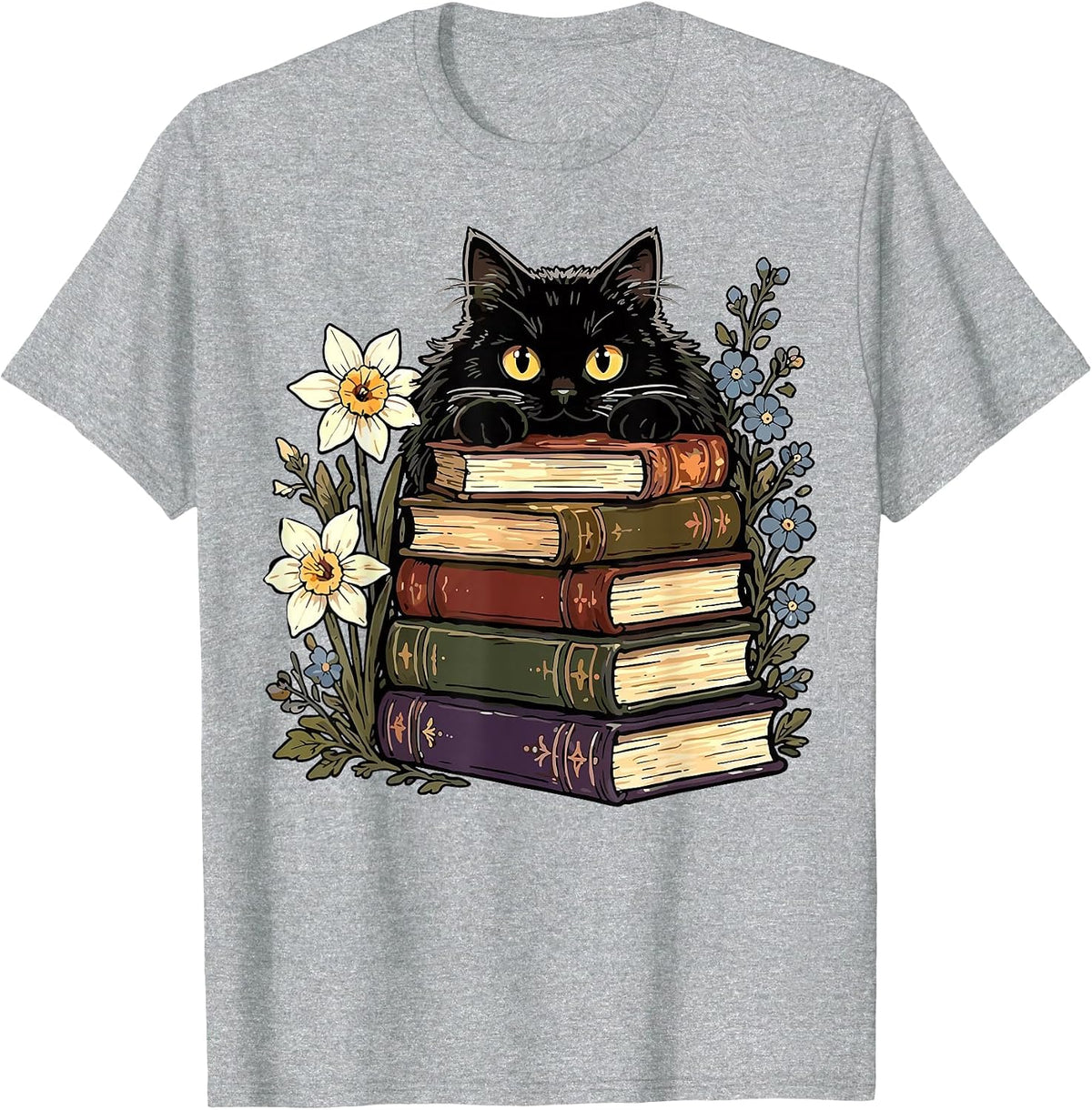 Black Cat Book Lover T-Shirt - Heather Grey