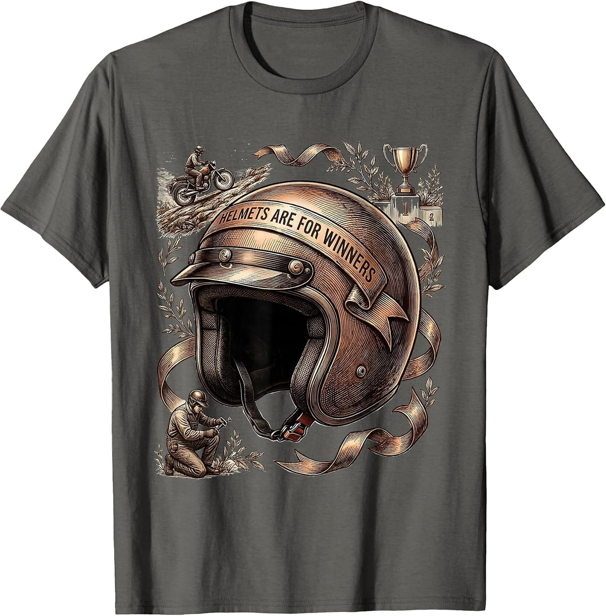 Helmets Are For Winners Motorcycle Design T-Shirt - Asphalt Grey