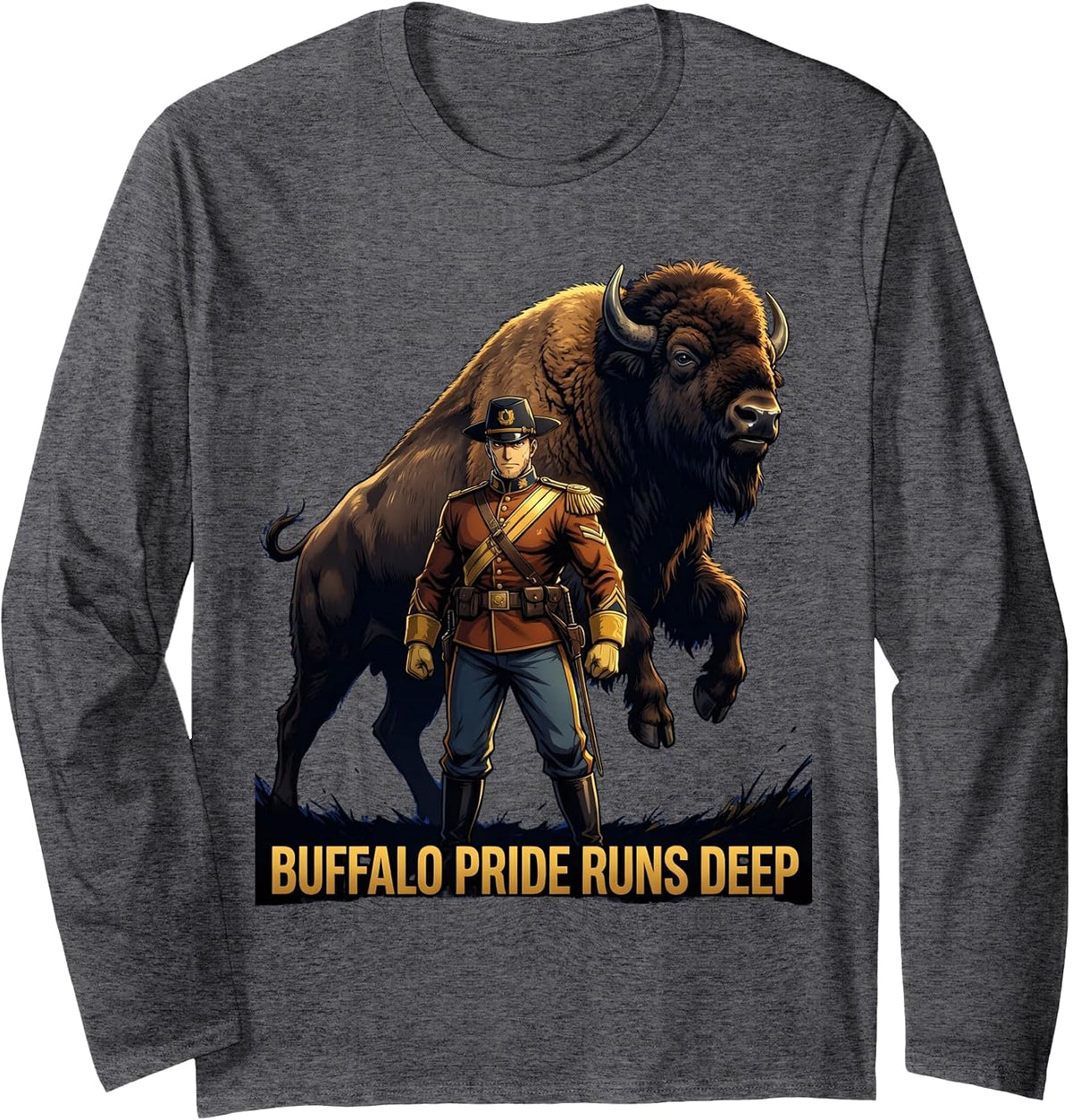 Buffalo Pride Runs Deep Buffalo Soldiers Design Long Sleeve T-Shirt - Adult Unisex Dark Heather Grey