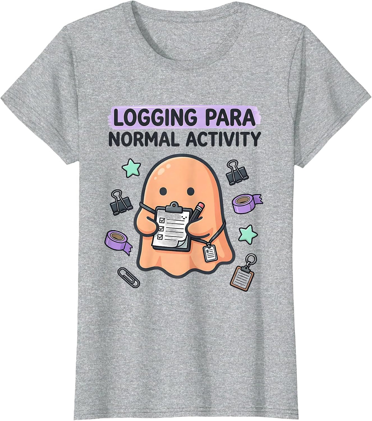Logging Para Normal Activity Kawaii Ghost Stationery T-Shirt - Heather Grey