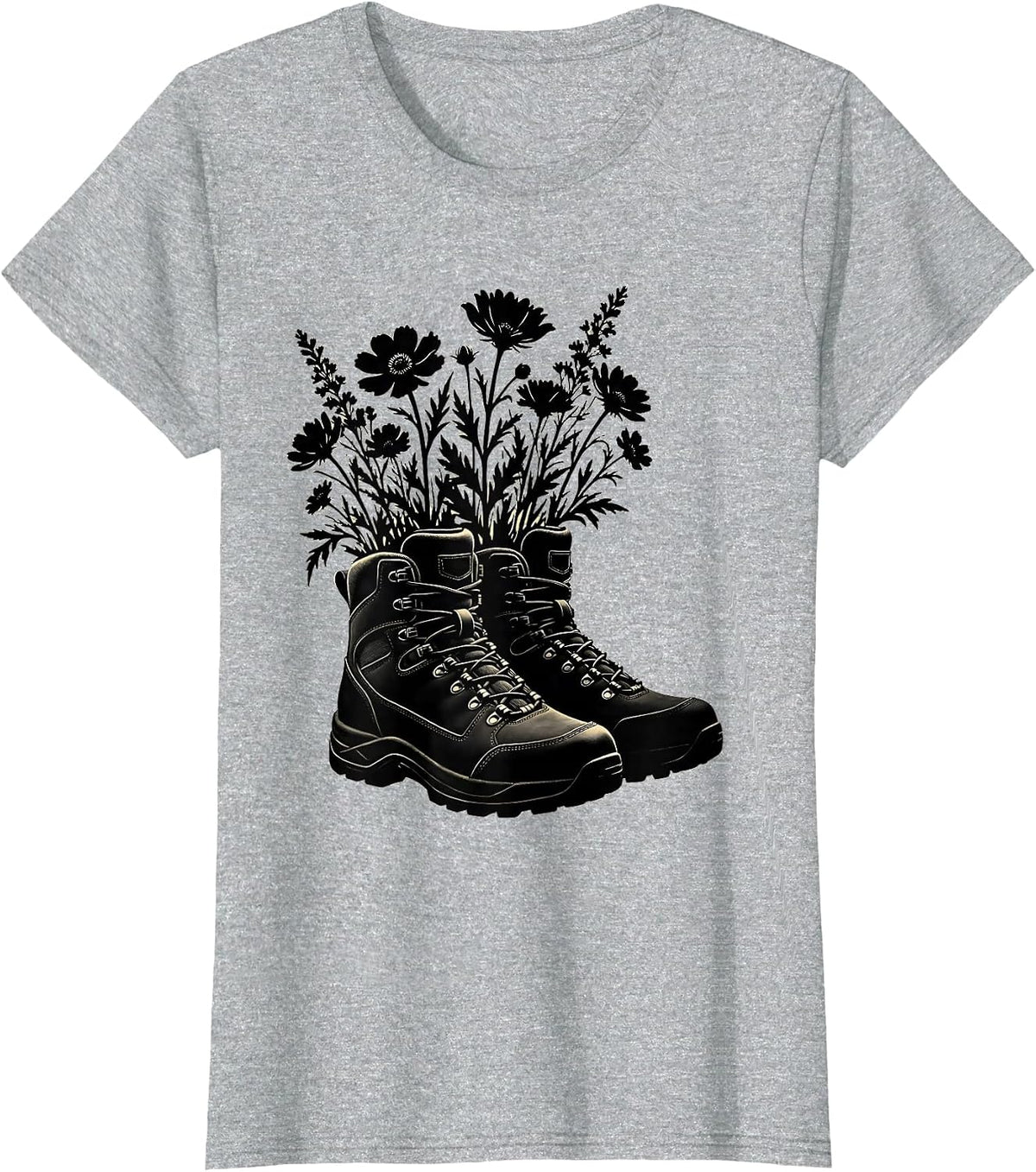 Wildflower Hiking Boots Camping Nature Graphic T-Shirt - Heather Grey