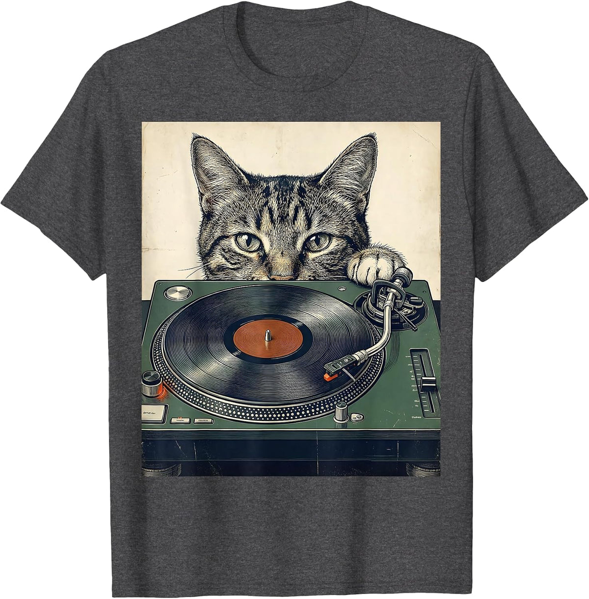 DJ Cat Vintage Rave Music Lover Humor T-Shirt - Dark Heather Grey