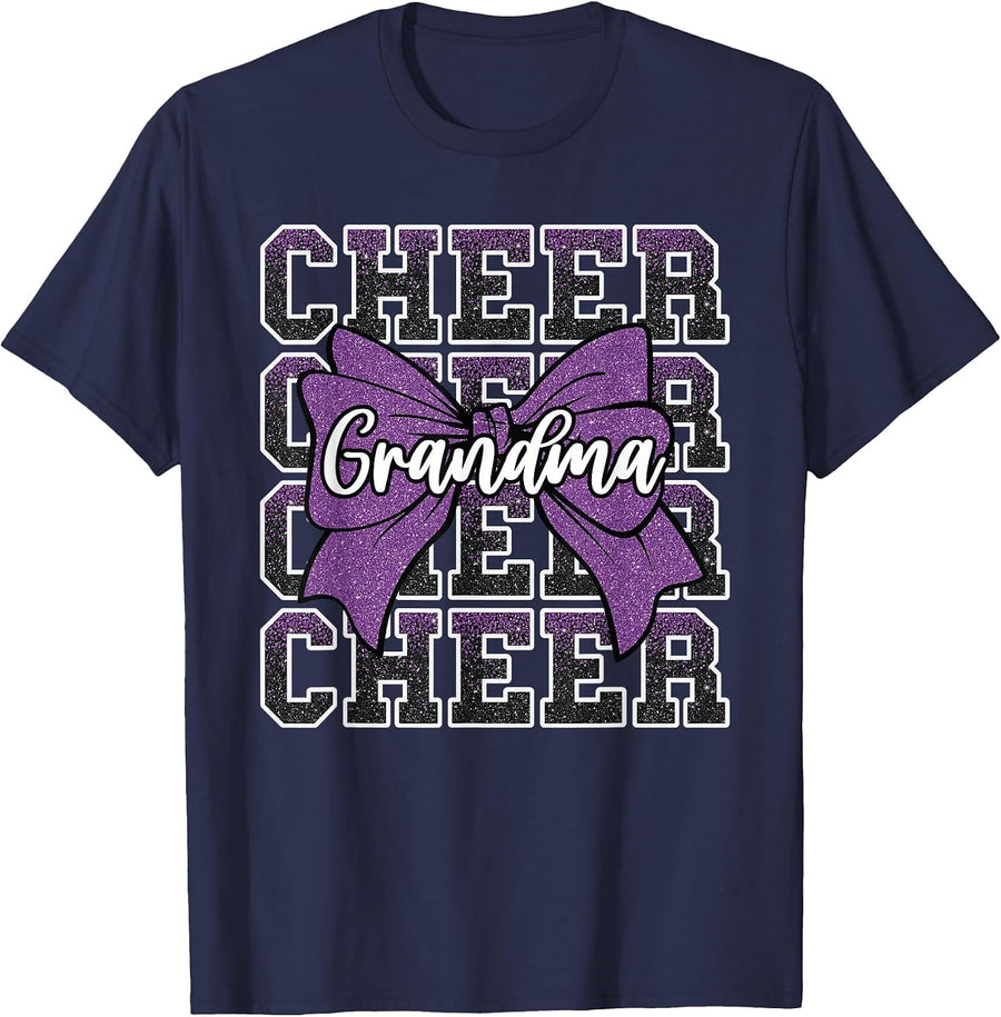 Cheer Grandma Bow Sport Cheerleader Cheerleading Purple T-Shirt - Navy Blue