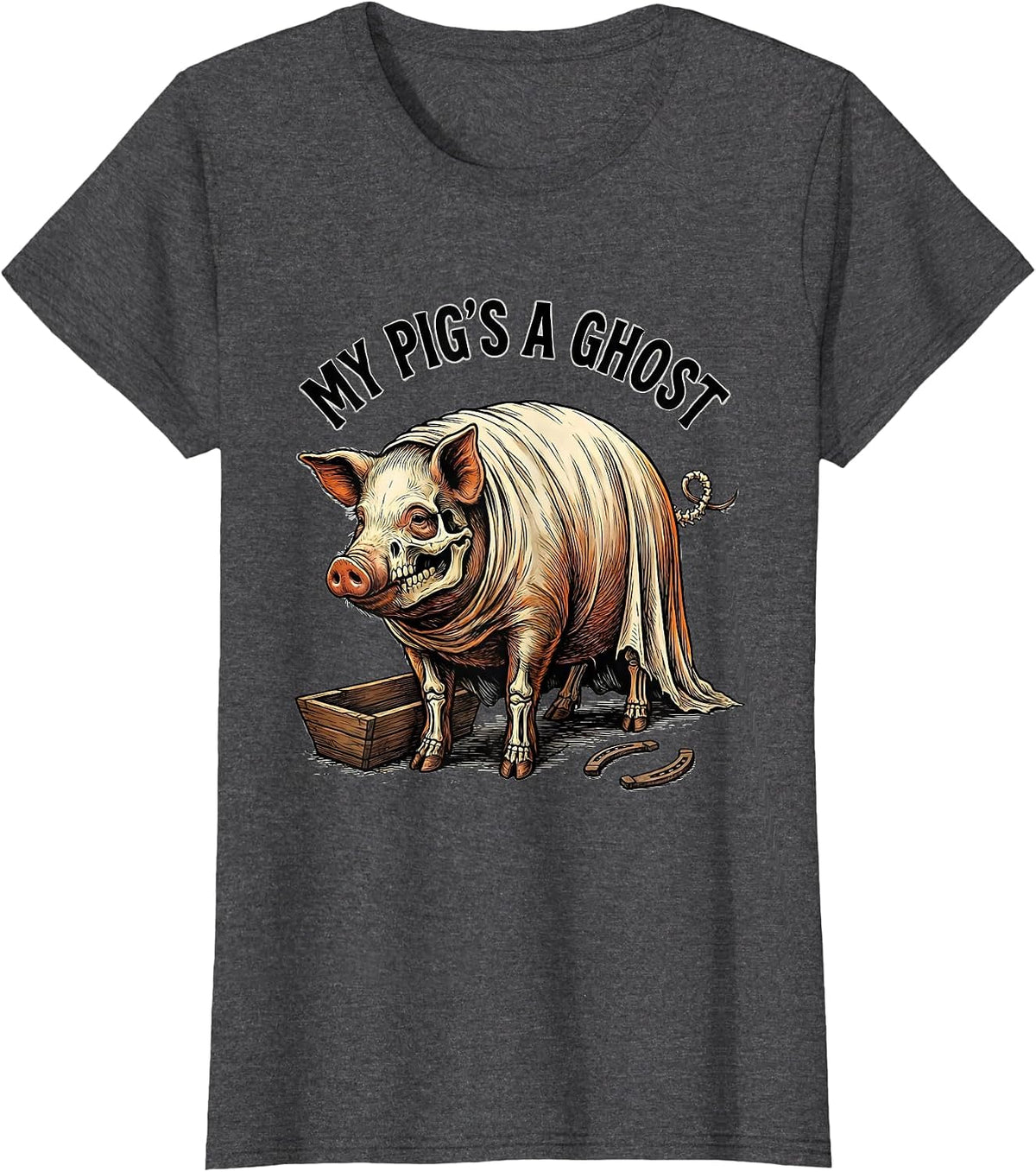 Women's My Pig's a Ghost Western Cowboy Skeleton Halloween Humor T-Shirt - Dark Heather Grey