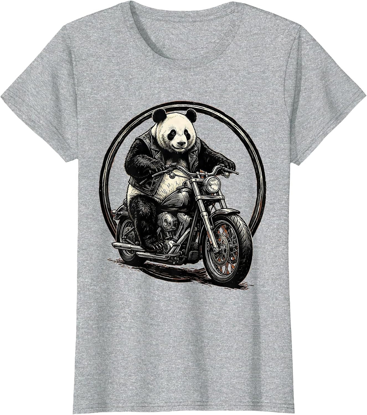 Panda Biker Riding a Chopper Motorcycle T-Shirt - Heather Grey