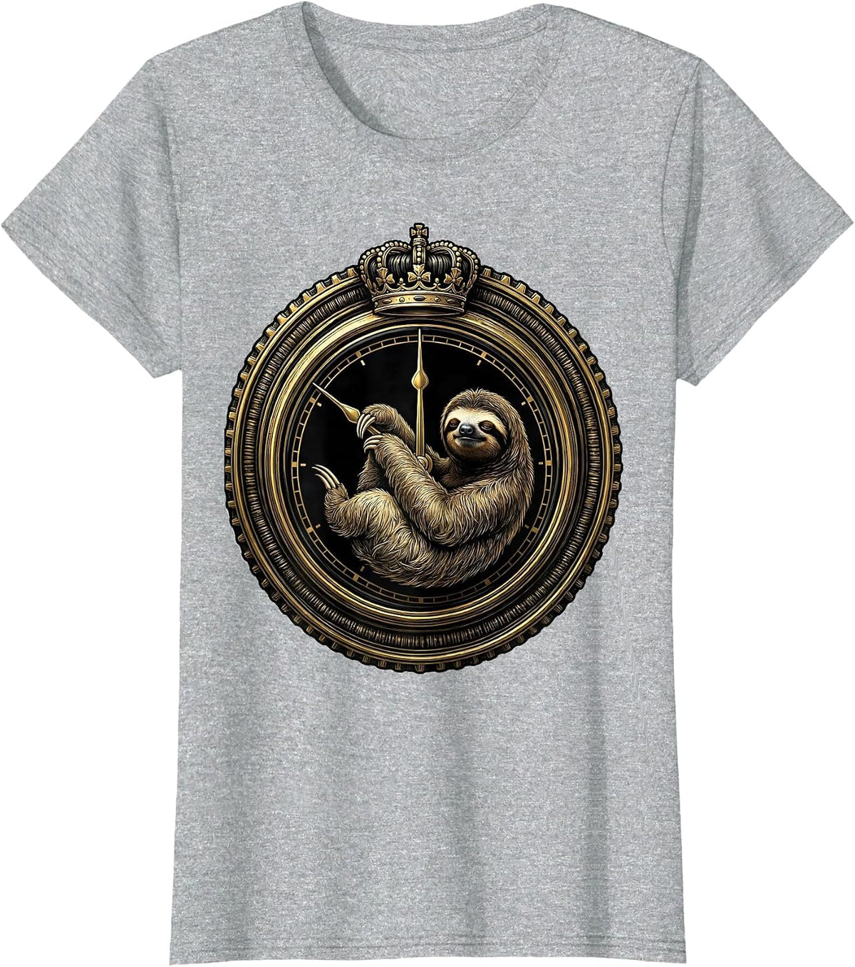 Women's Lazy Sloth Hanging From Midnight Clock Hands T-Shirt - Heather Grey