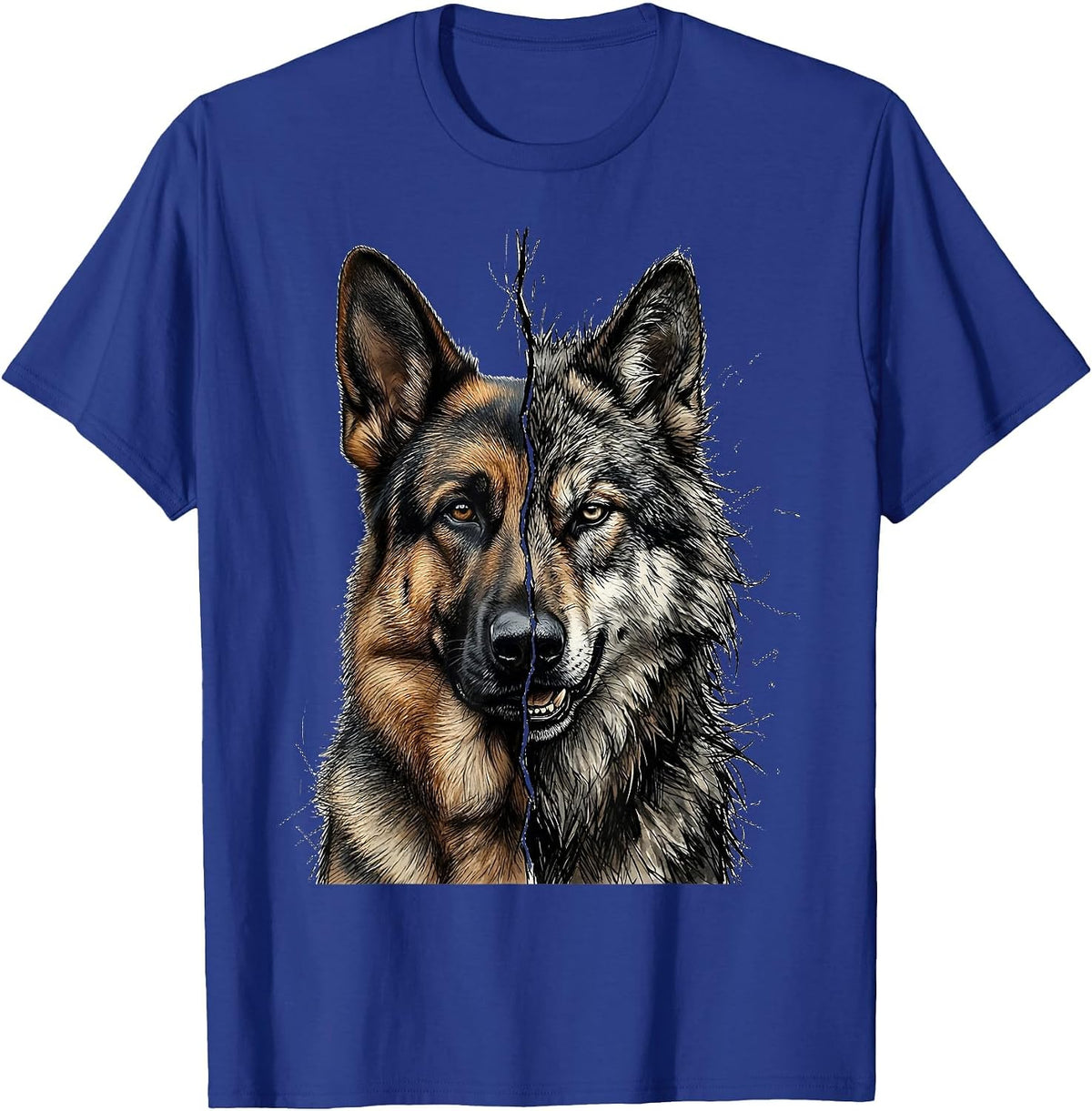 German Shepherd Wild Wolf Split Profile Graphic T-Shirt - Royal Blue