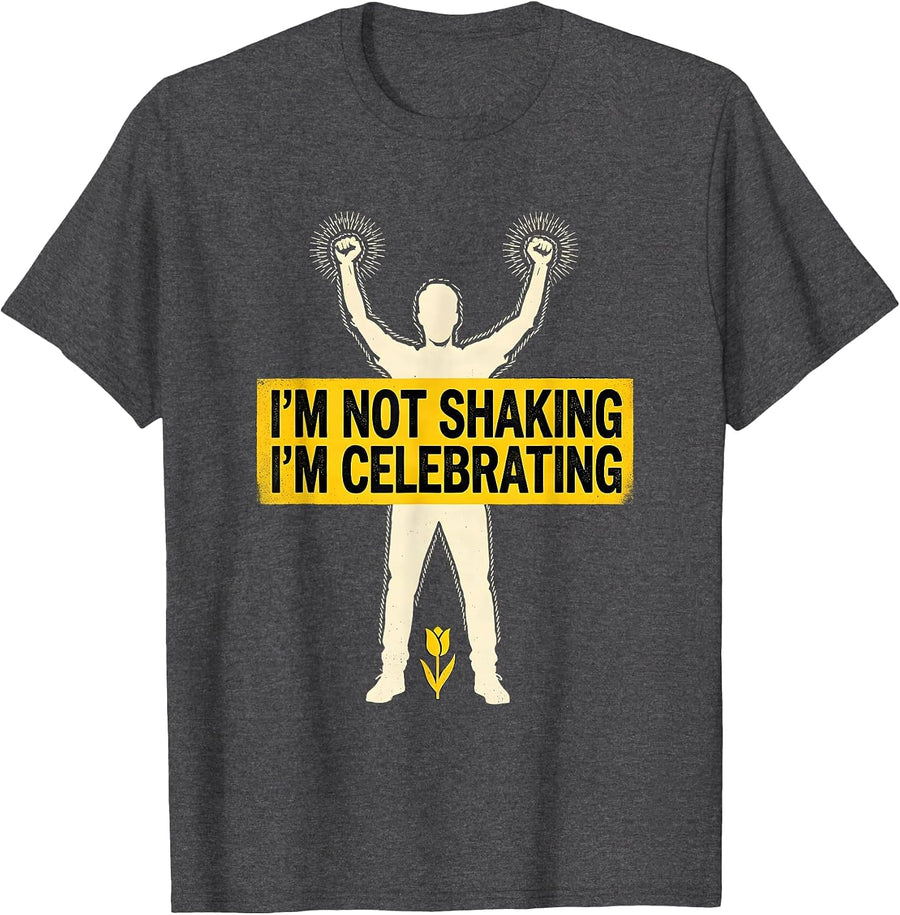 Men's I'm Not Shaking I'm Celebrating Defiant Humor Parkinson's T-Shirt - Dark Heather Grey