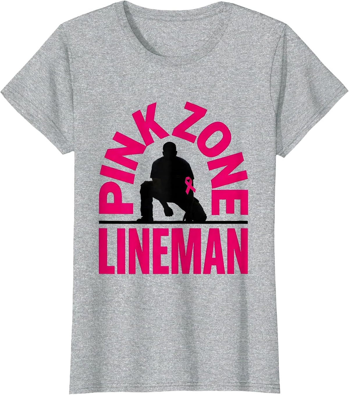 Women's Pink Zone Lineman Breast Cancer Awareness Football Pink Out T-Shirt - Heather Grey