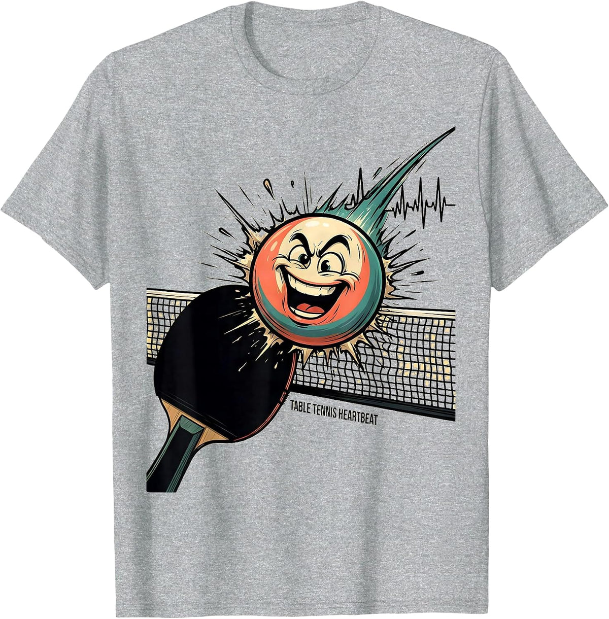 Men's Table Tennis Heartbeat Cartoon Ping Pong Player Humor T-Shirt - Heather Grey