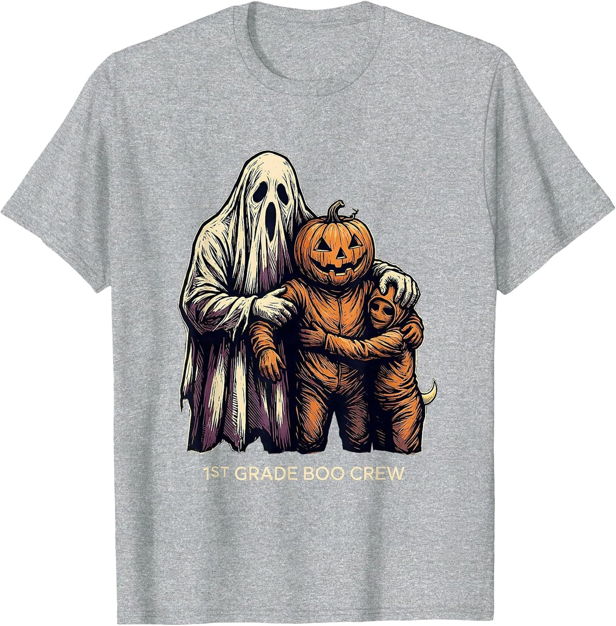 Men's 1st Grade Boo Crew Playful Halloween Teacher Student Crew T-Shirt - Heather Grey
