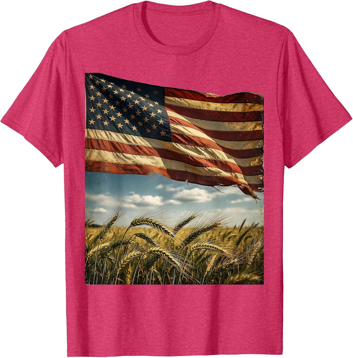 American Flag Waving Over Golden Wheat Field T-Shirt - Red Heather