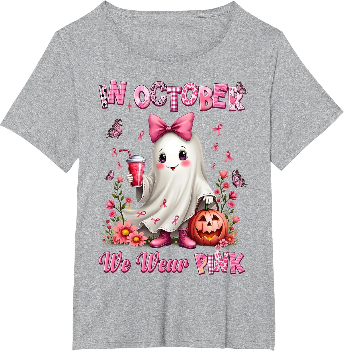 in October We Wear Pink Ghost Breast Cancer Awareness T-Shirt - Heather Grey