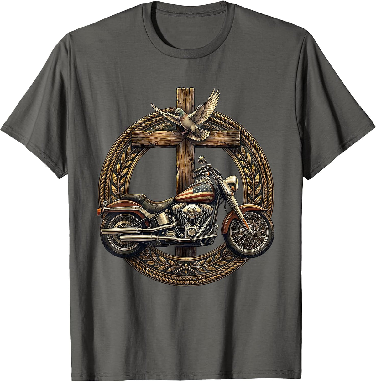 Men's Patriotic Vintage Motorcycle Flag Tank Illustration T-Shirt - Asphalt Grey